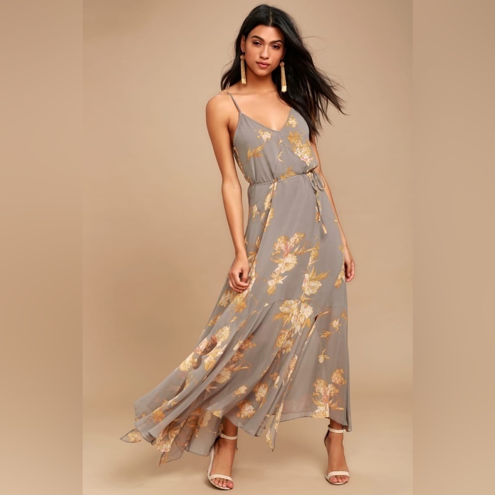 LULU’S Grey Floral Print Maxi Dress